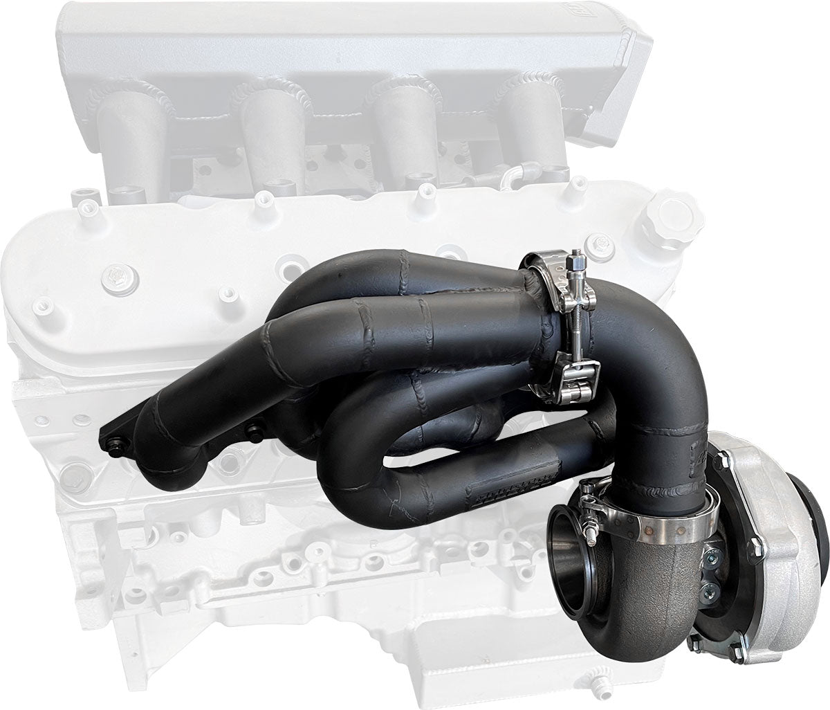 GM LS Twin Turbo Long Runner Manifolds Forward Facing, High Mount with 2.5" V-Band, Sold As a Pair