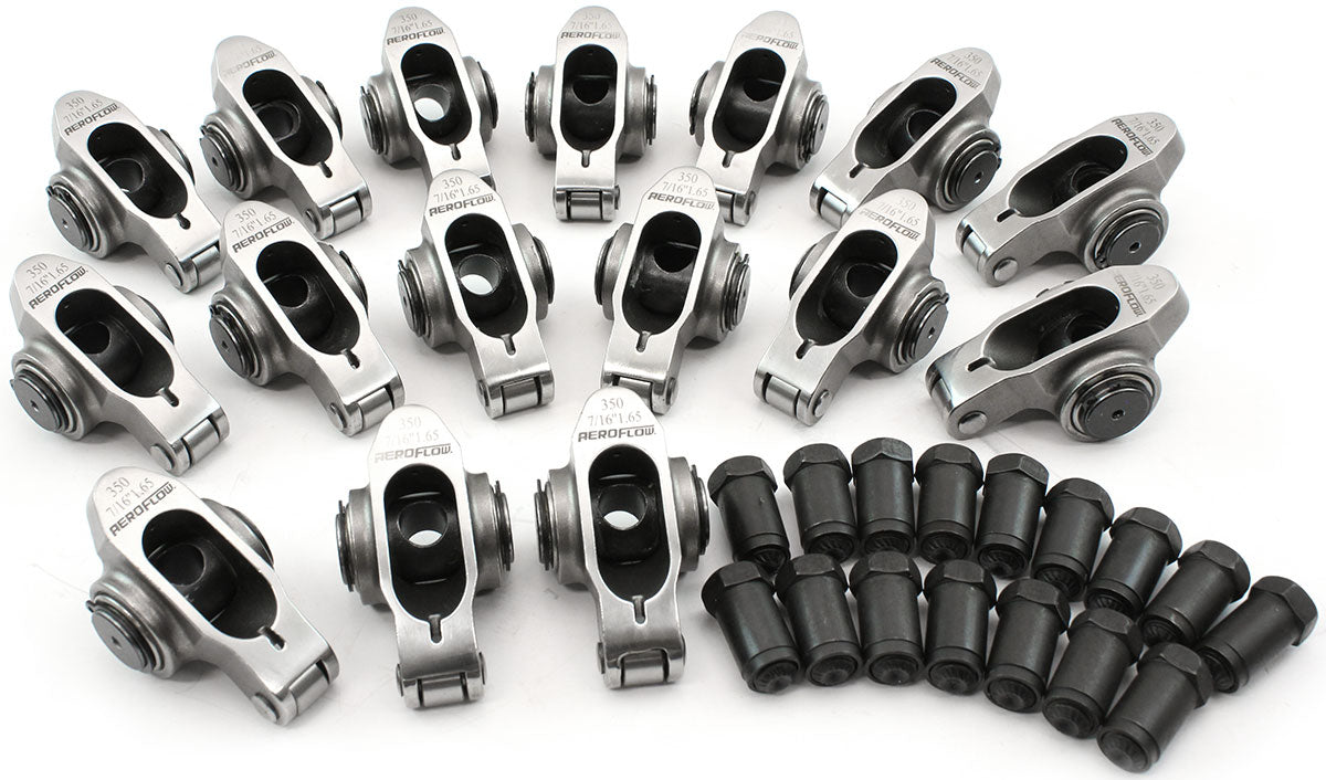 Aeroflow Small Block Chev Stainless Steel Roller Rocker Set 7/16" Stud Mount, 1.65 Ratio, Set of 16