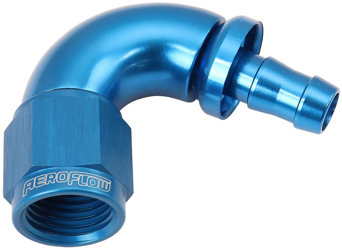 510 Series Full Flow Tight Radius Push Lock 120° Hose End -6AN To 5/16" (8mm) Barb Blue Finish. Suits 400 & 500 Series Hose