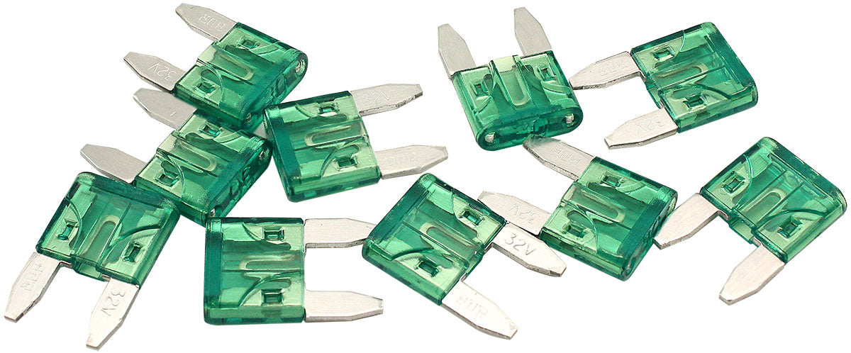 Aeroflow 30 AMP Mini Blade Fuses – 10 Pack Green Body Colour