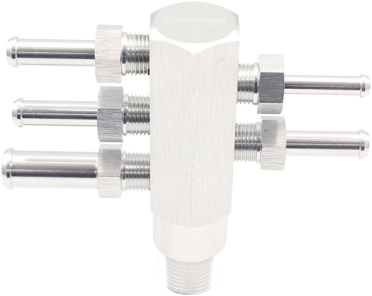 Aeroflow 3/8" NPT Aluminium Vacuum Tree - Silver Finish 1 x 3/16", 3 x 1/4", 1 x 3/8" Barbs Included