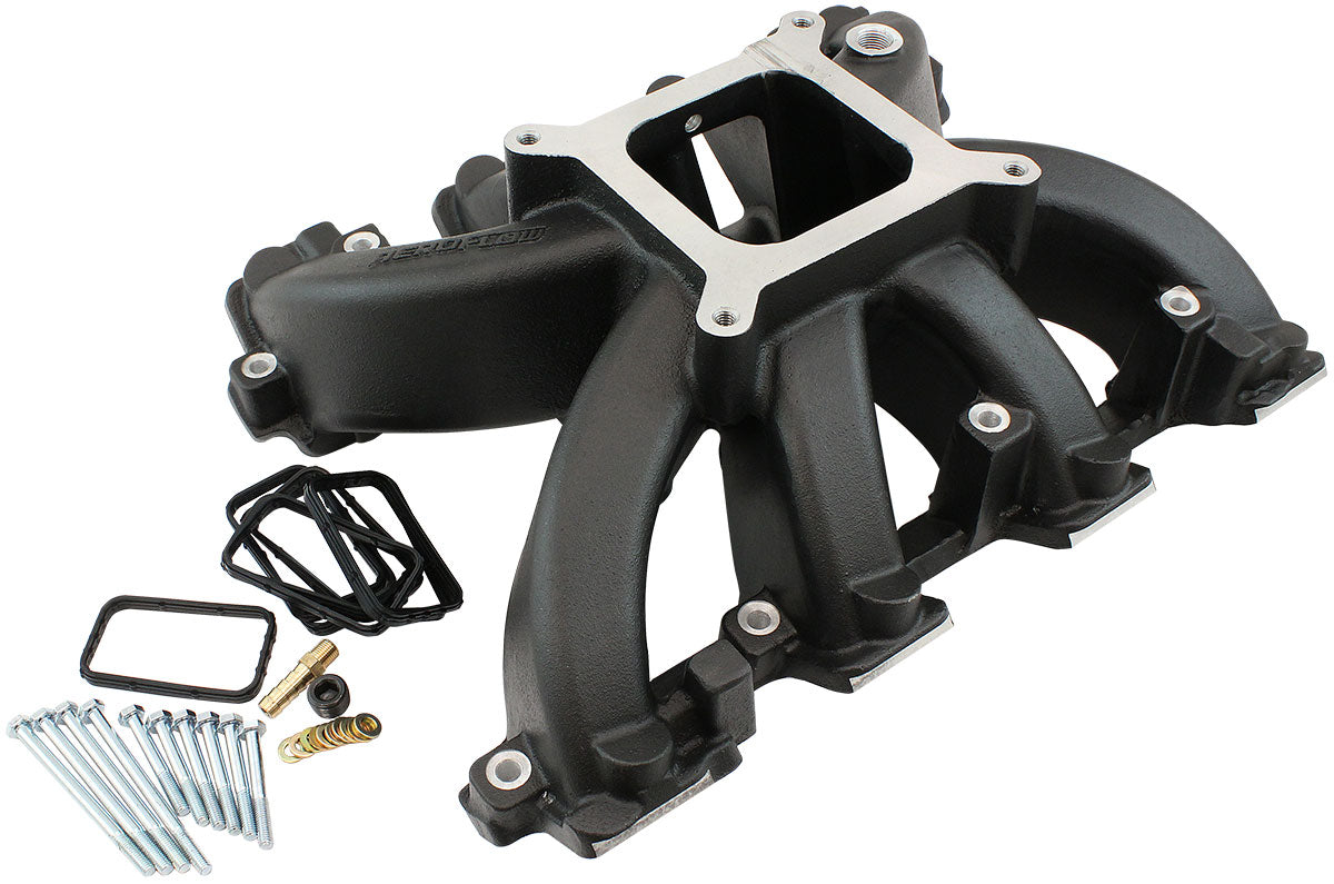 Aeroflow GM LS Rectangle Port Carburettor Hi Rise Single Plane Non-EFI Intake Manifold, Black Finish 4 Barrel 4150 Square Bore Carburettor Pad