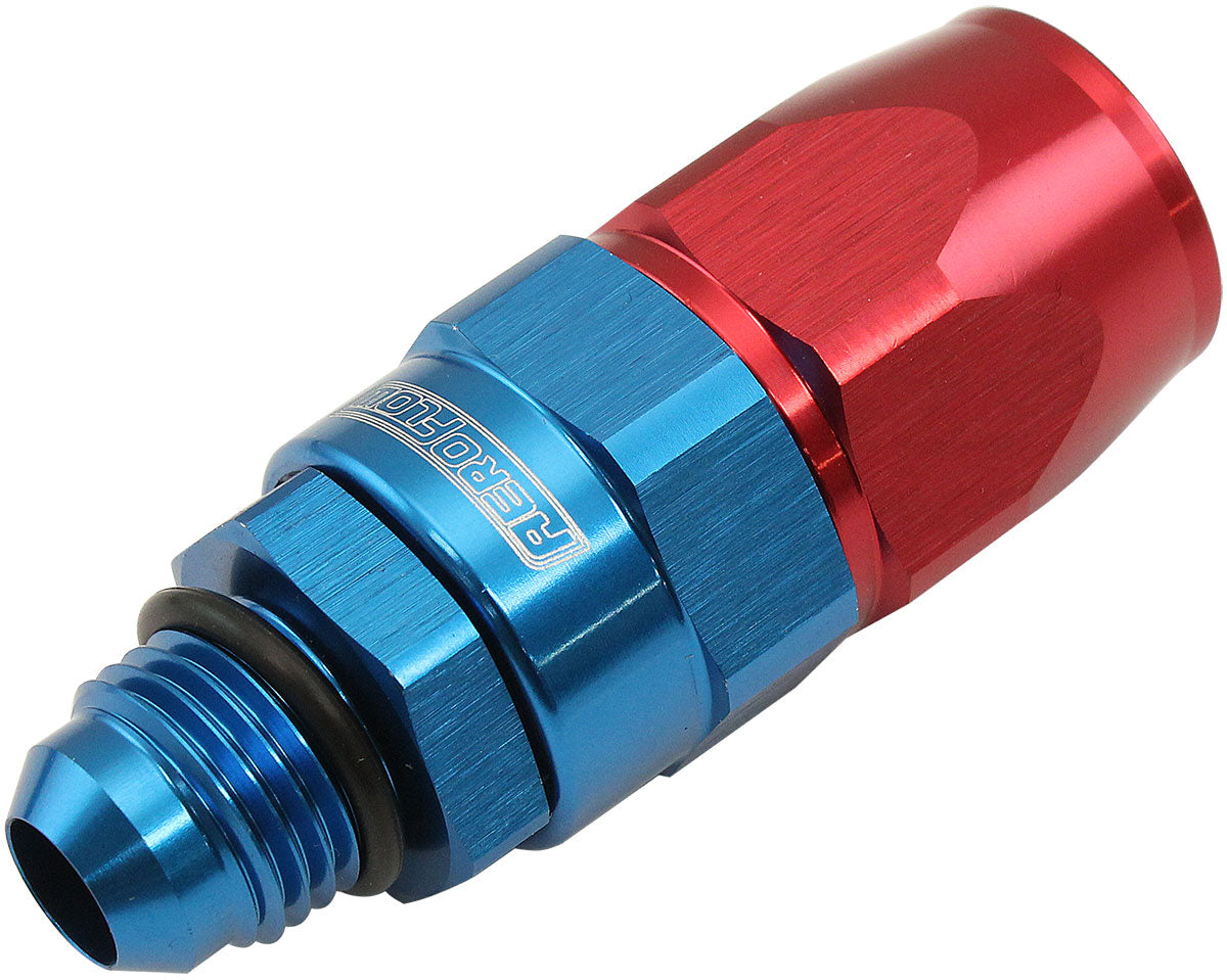 Aeroflow Male AN Swivel Straight Hose End -6AN to -8AN PTFE (Teflon®) Hose End Blue/Red Finish