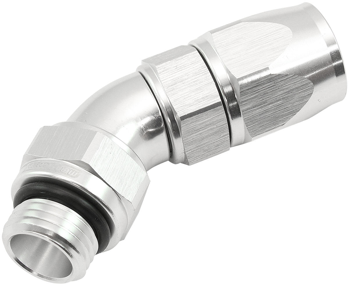 Aeroflow ORB Taper Swivel 45° Hose End -6 ORB to -6AN Silver Finish. Suit 200 & 250 Series Hose