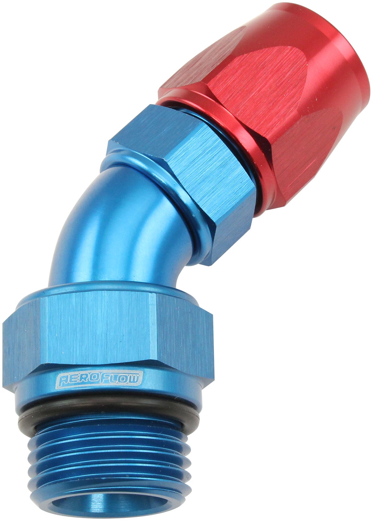 Aeroflow ORB Taper Swivel 45° Hose End -8 ORB to -6AN Blue/Red Finish. Suit 200 & 250 Series Hose