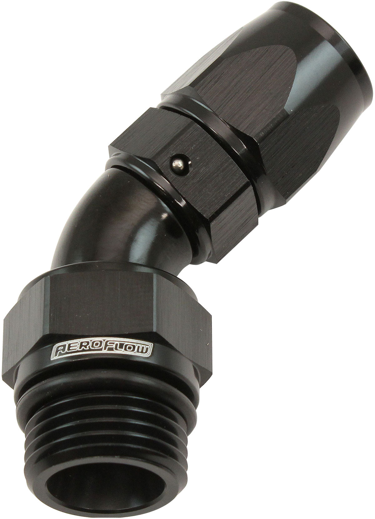 Aeroflow ORB Taper Swivel 45° Hose End -8 ORB to -6AN Black Finish. Suit 200 & 250 Series Hose