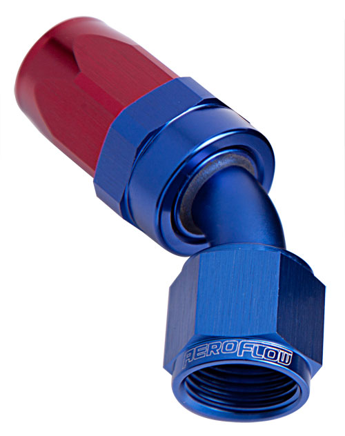 100 Series Taper 45° Swivel Hose End -6AN Blue/Red Finish. Suit 100 & 450 Series Hose