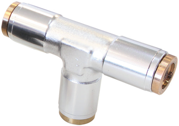 120 Series 1/4" Push to Connect Tee Fitting Silver Finish. Suits 120 Series Nylon Hose