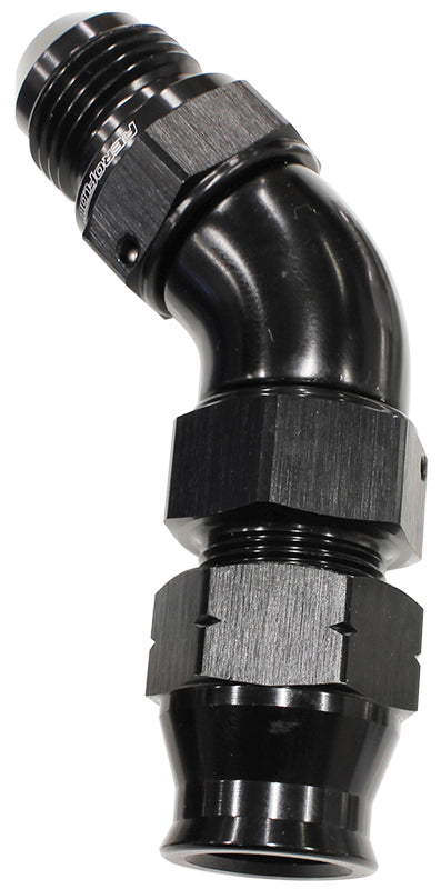 45° Tube to Male AN Adapter 5/16"to -6AN Black Finish. Suits Aeroflow, Moroso & Russell Tubing