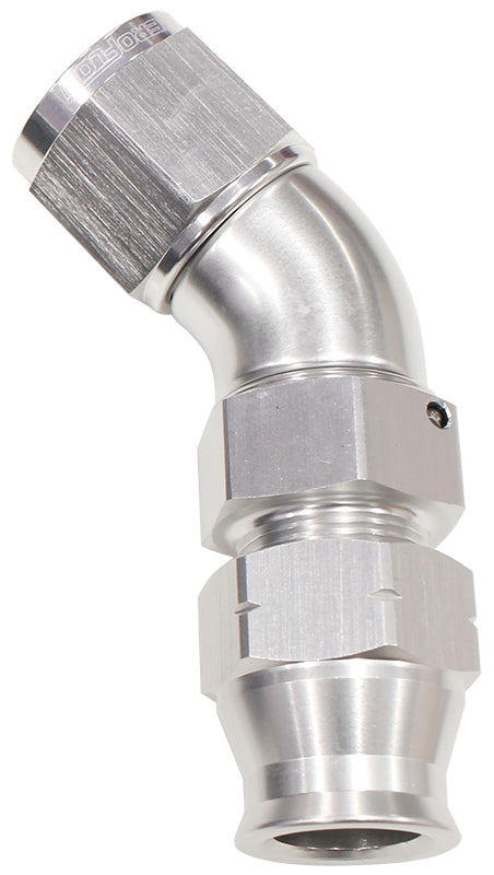 45° Tube to Female AN Adapter 3/8" to -6AN Silver Finish. Suits Aeroflow, Moroso & Russell Tubing