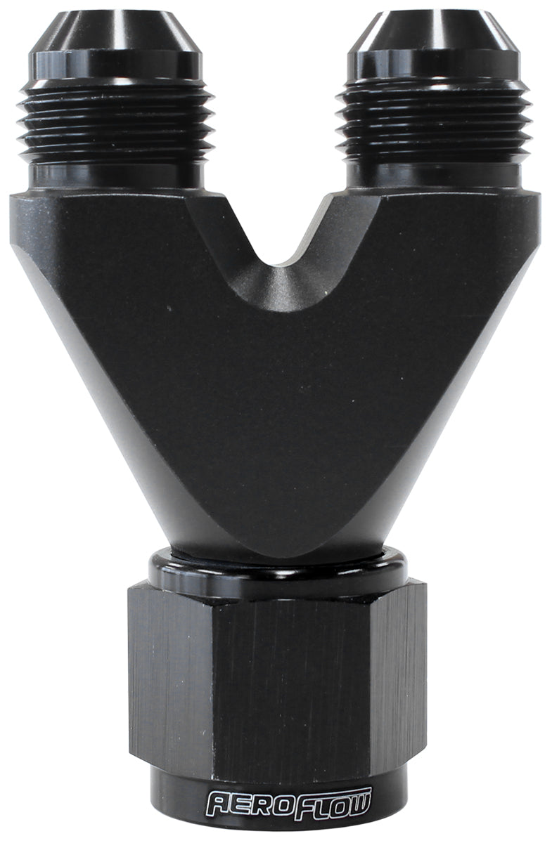 Billet U-Block with Female Flare Black Finish. 1 x -10AN Female, 2 x -8AN Male