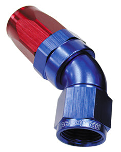 150 Series Taper One-Piece Full Flow Swivel 45° Hose End -4AN Blue/Red Finish. Suit 100 & 450 Series Hose
