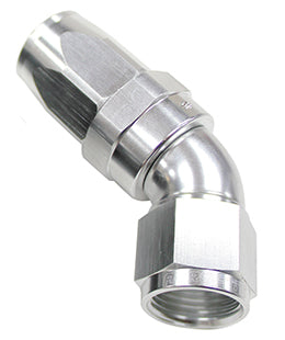 150 Series Taper One-Piece Full Flow Swivel 45° Hose End -4AN Silver Finish. Suit 100 & 450 Series Hose