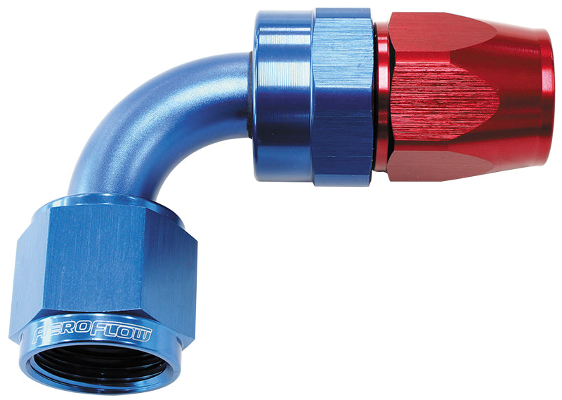 200 Series PTFE 90° Hose End -4AN Blue/Red Finish. Suits 200 & 250 Series Hose