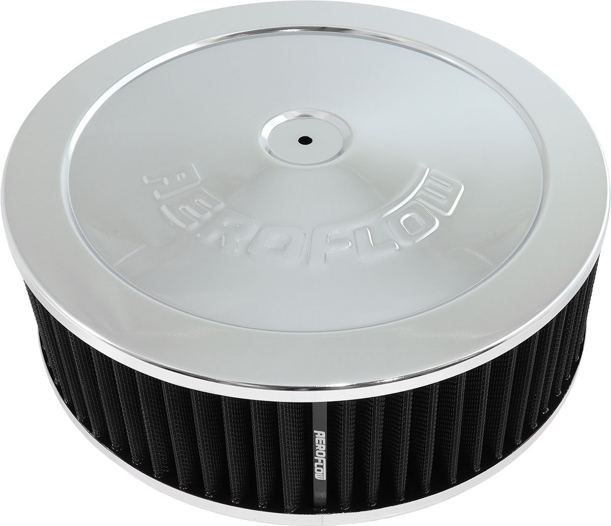 Aeroflow Chrome Air Filter Assembly 11" x 3-1/2", 5-1/8" neck, Flat Base with black washable cotton element
