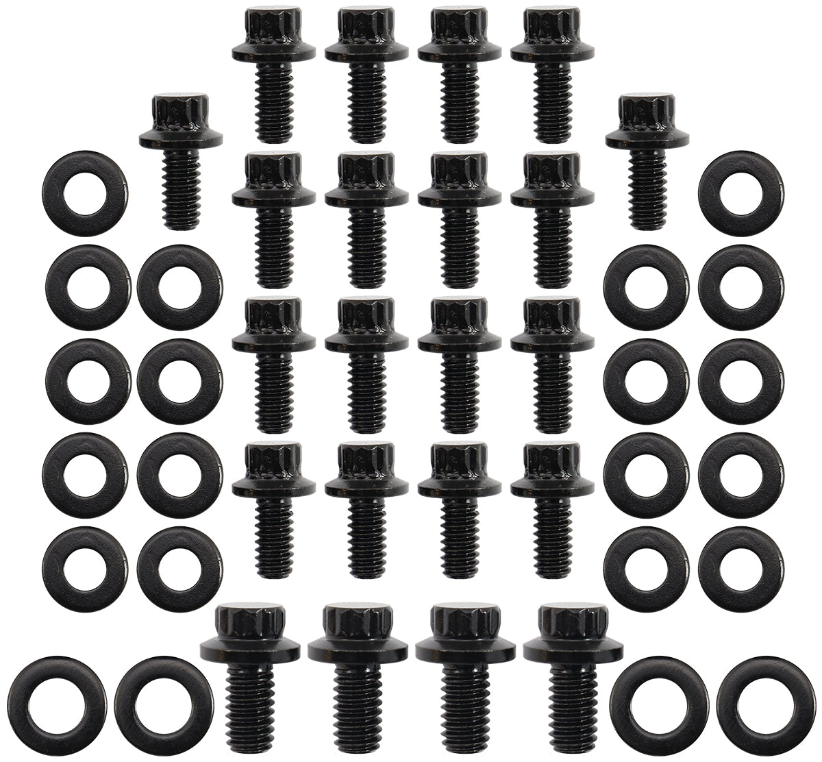 Small Block Ford Windsor & Ford Cleveland Oil Pan Bolt Kit - Black Finish 12 Point Head and 8740 Grade Material
