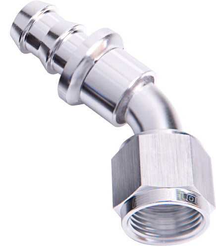 400 Series Push Lock 45° Hose End -4AN Silver Finish. Suits 400 & 500 Series Hose