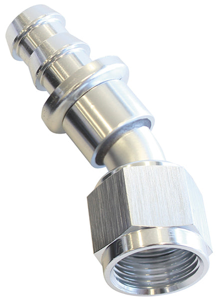 400 Series Push Lock 30° Hose End -6AN Silver Finish. Suits 400 & 500 Series Hose