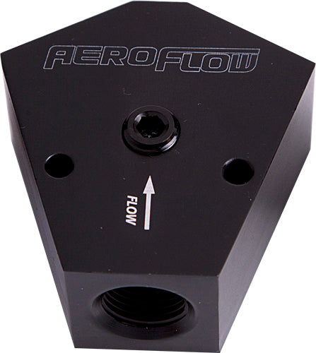 Billet Y-Block with 1/8" NPT Port Black Finish. 3/4" NPT Inlet, 3/4" NPT Outlets