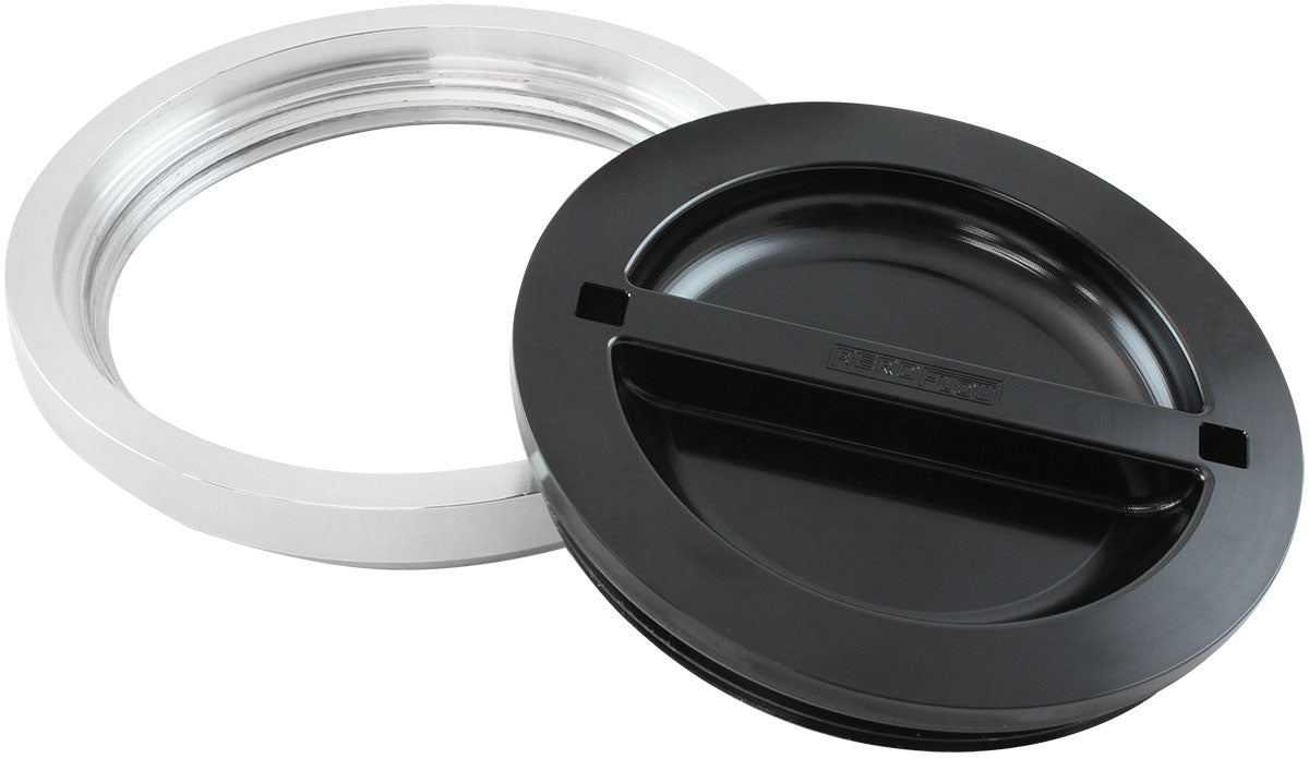 Flush Mount 6" Billet Aluminium Filler Black Cap & Bung for Ice Box 6" Female Alloy weld-on Bung