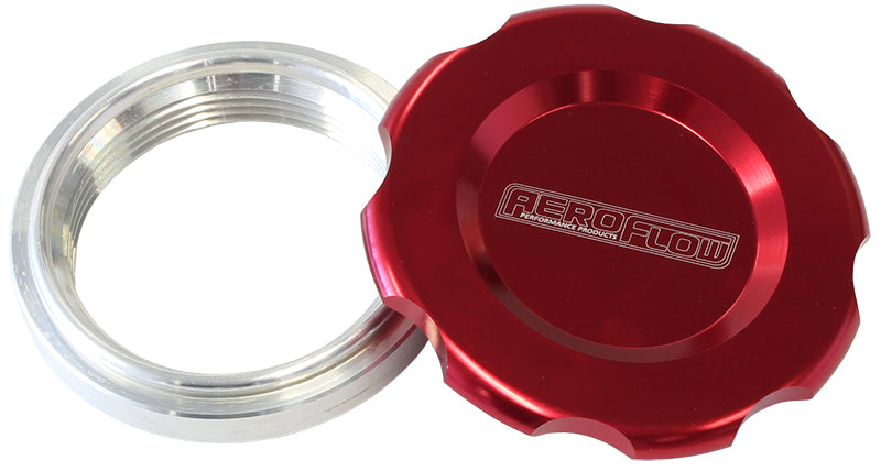 Low Profile Billet Aluminium Filler Cap & Bung 2" Female weld-on bung, includes Buna N & EPR O-rings. Red Cap
