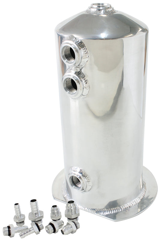 2.5 Litre Spun Alloy Surge Tank Supplied with 3 x 3/8", 1 x 1/2" Barb fittings and 3 x -6AN, 1 x -8AN male adapters, Polished Finish