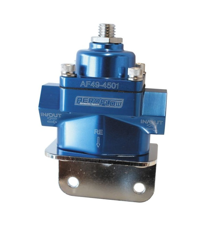 Aeroflow Billet Bypass Fuel Pressure Regulator 4.5-9psi Adjustable Blue Finish. -8 ORB Ports with Bottom Return