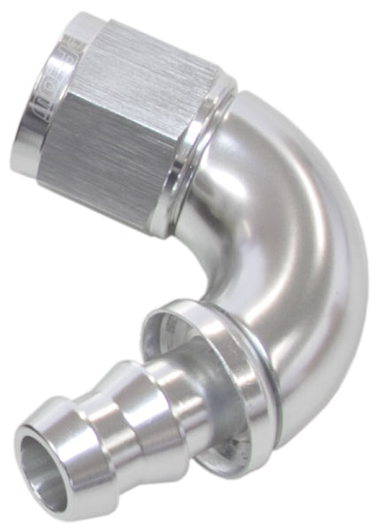 510 Series Full Flow Tight Radius Push Lock 120° Hose End -8AN Silver Finish. Suits 400 & 500 Series Hose