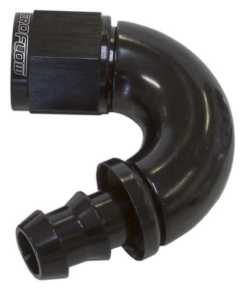 510 Series Full Flow Tight Radius Push Lock 150° Hose End -6AN Black Finish. Suits 400 & 500 Series Hose