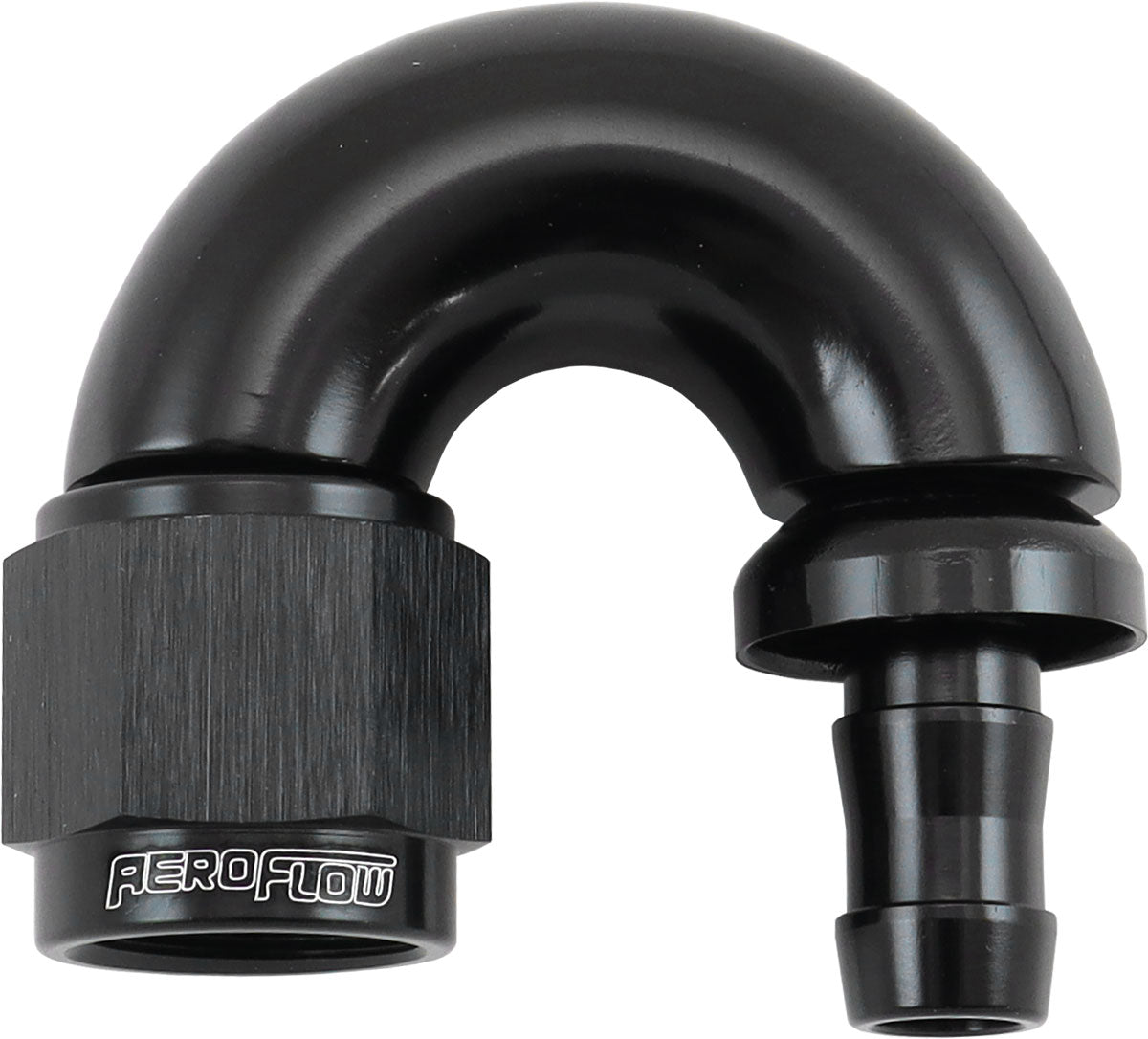510 Series Full Flow Tight Radius Push Lock 180° Hose End -6AN To 5/16" (8mm) Barb Black Finish. Suits 400 & 500 Series Hose
