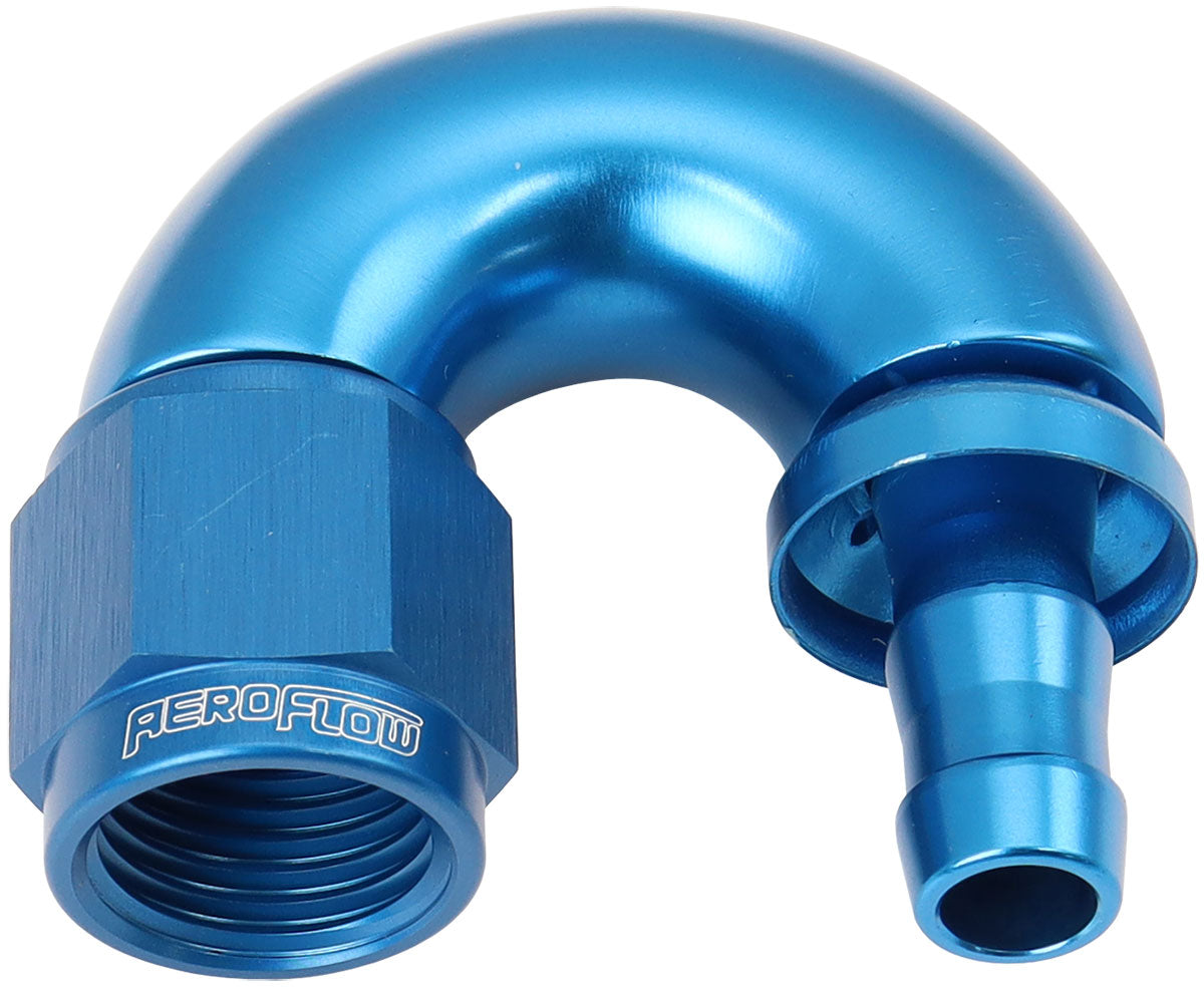 510 Series Full Flow Tight Radius Push Lock 180° Hose End -6AN To 5/16" (8mm) Barb Blue Finish. Suits 400 & 500 Series Hose