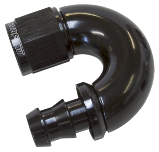 510 Series Full Flow Tight Radius Push Lock 180° Hose End -6AN Black Finish. Suits 400 & 500 Series Hose