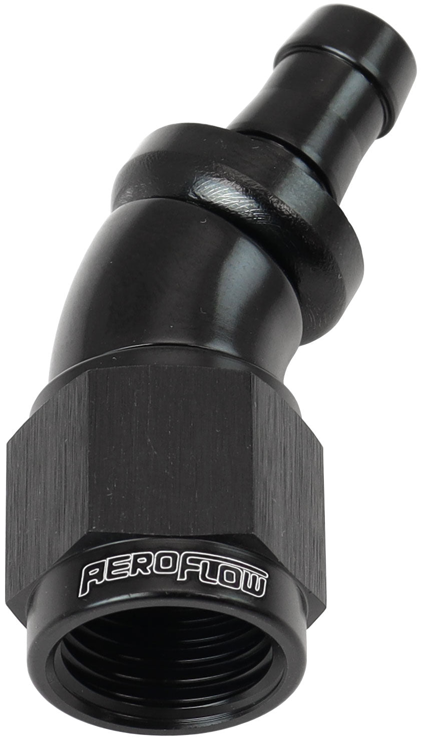 510 Series Full Flow Tight Radius Push Lock 30° Hose End -6AN To 5/16" (8mm) Barb Black Finish. Suits 400 & 500 Series Hose