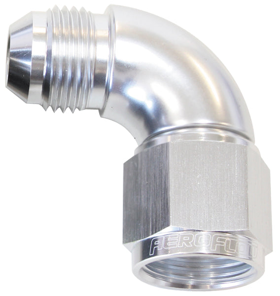90° Full Flow Female/Male Flare Swivel -4AN Silver Finish