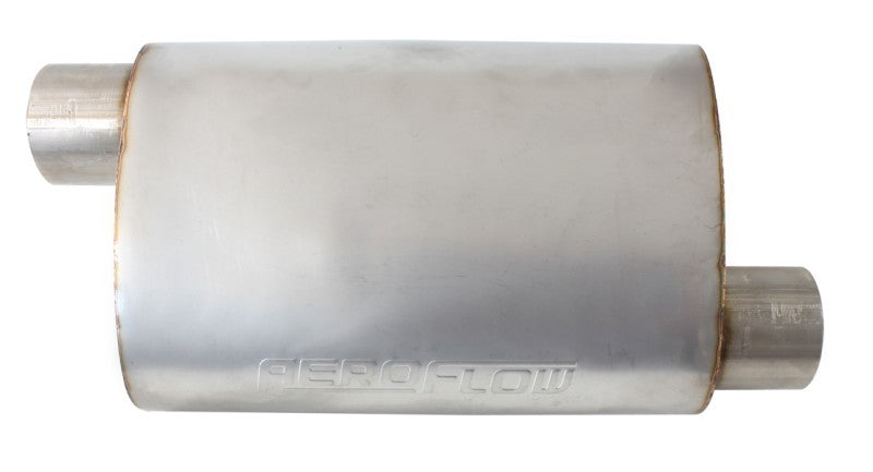 Aeroflow 5500 Series Stainless Steel 3" Offset/Offset Muffler 3" Inlet and Outlets, 13.75" Length, 9.45" Width, 5.3" Height