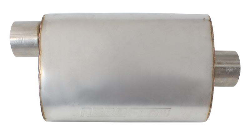 Aeroflow 5500 Series Stainless Steel 3" Offset/Center Muffler 3" Inlet and Outlets, 13.75" Length, 9.45" Width, 5.3" Height