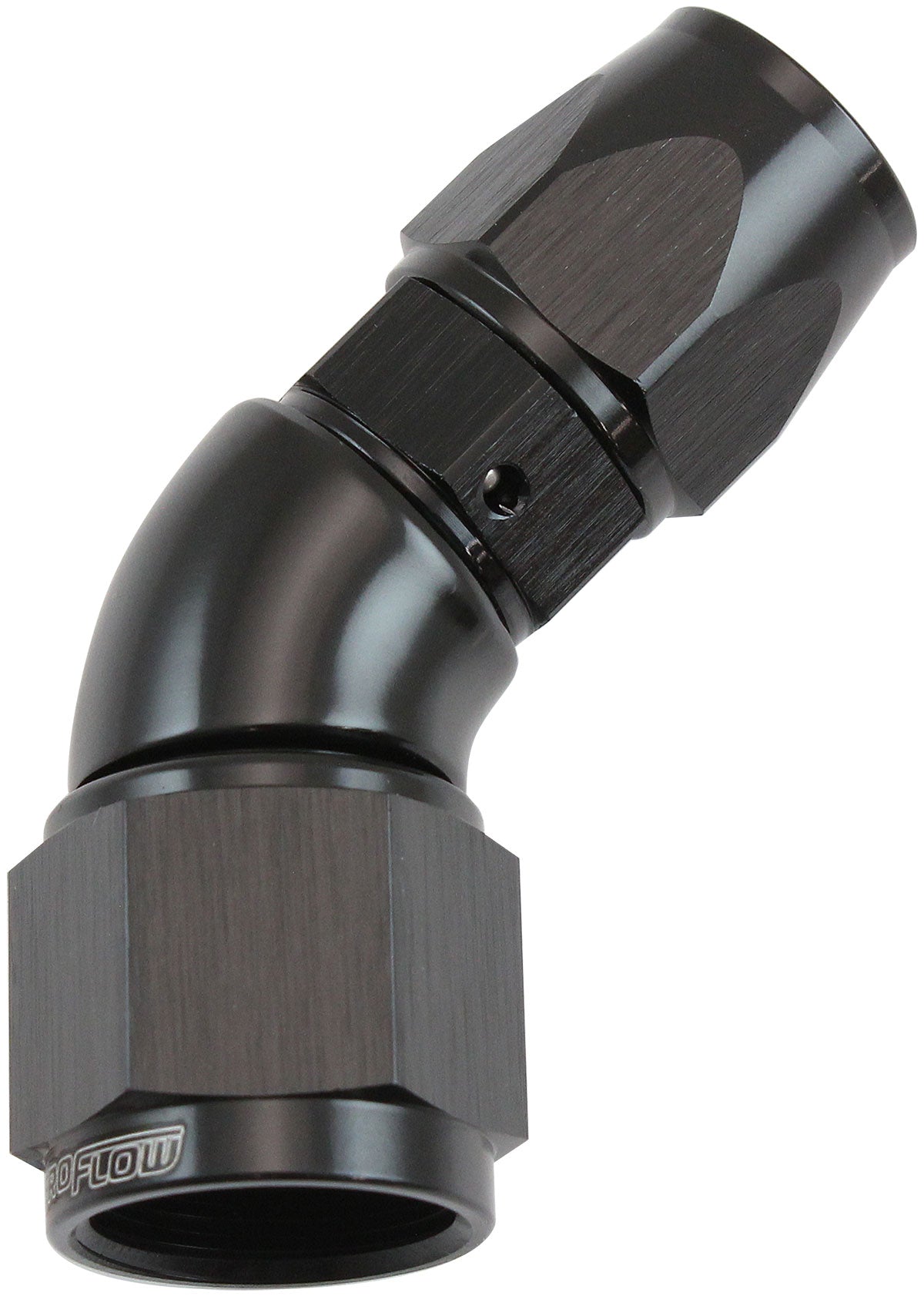 200 Series Teflon Style One Piece 45 Degree Stepped Hose End -6AN to -8 Hose Black Finish, Suits 200 & 250 Series Hose