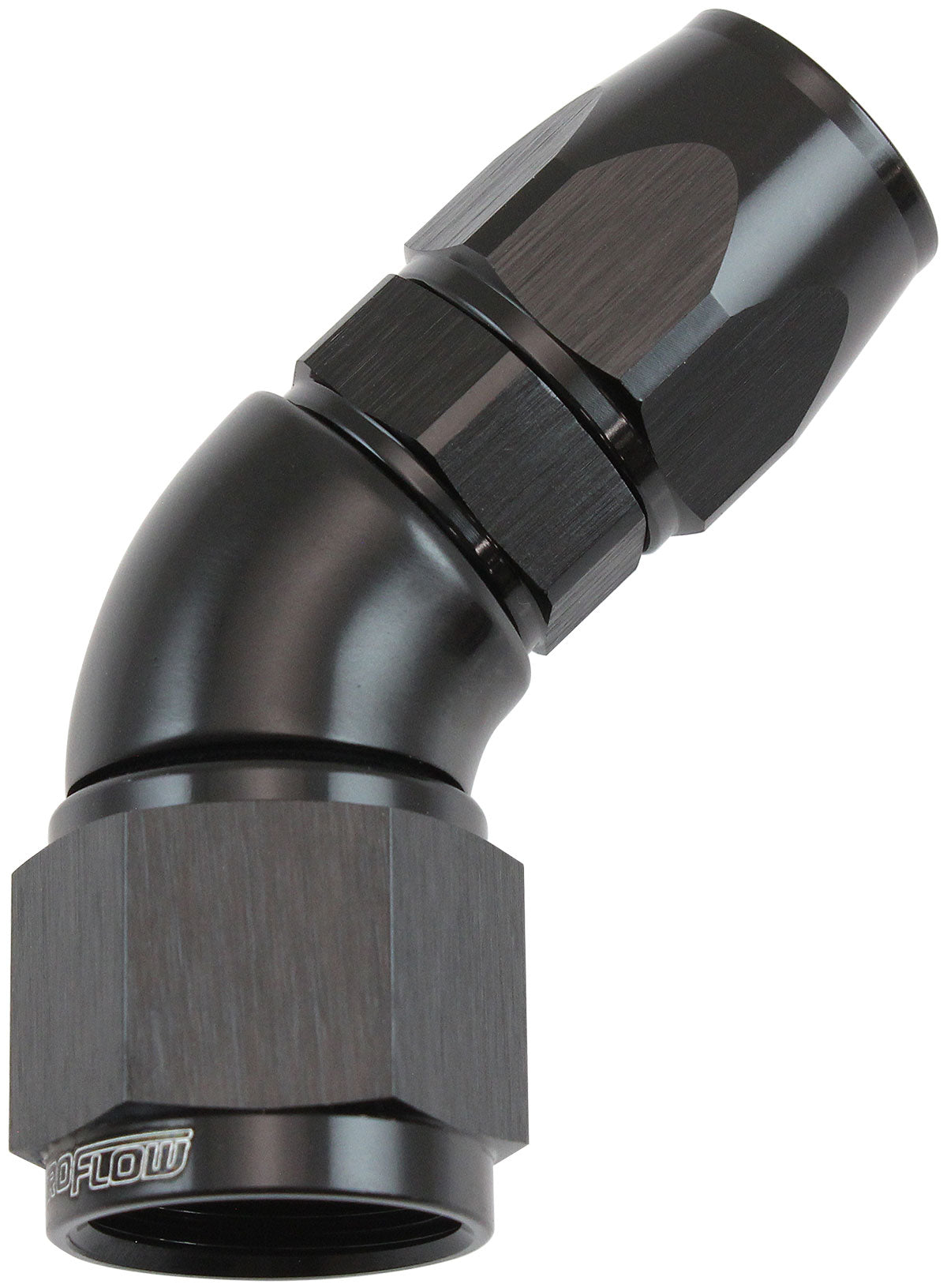 200 Series Teflon Style One Piece 45 Degree Stepped Hose End -8AN to -10 Hose Black Finish, Suits 200 & 250 Series Hose