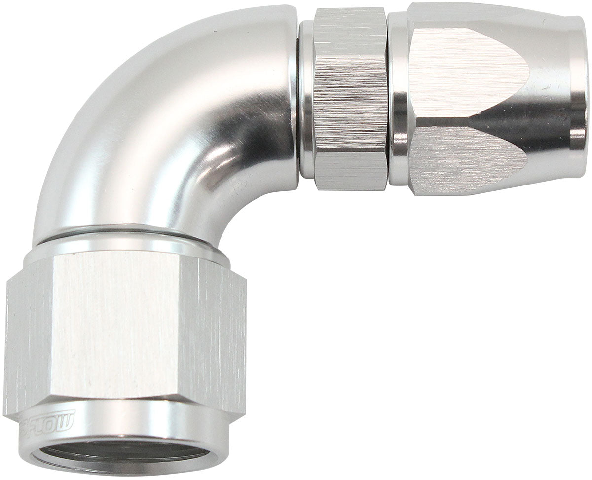 Aeroflow 200 Series Teflon Style One Piece 90 Degree Stepped Hose End -8AN to -6 Hose Silver Finish, Suits 200 & 250 Series Hose