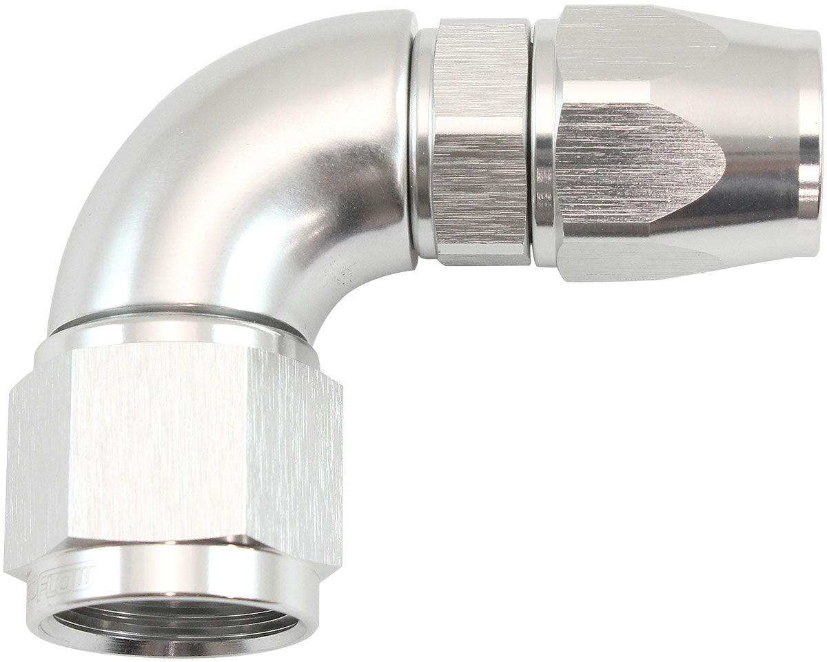 Aeroflow 200 Series Teflon Style One Piece 90 Degree Stepped Hose End -10AN to -8 Hose Silver Finish, Suits 200 & 250 Series Hose