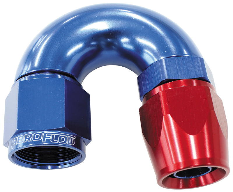 570 Series PTFE 180° Hose End -8AN Blue/Red Finish. Suits 200 & 250 Series Hose