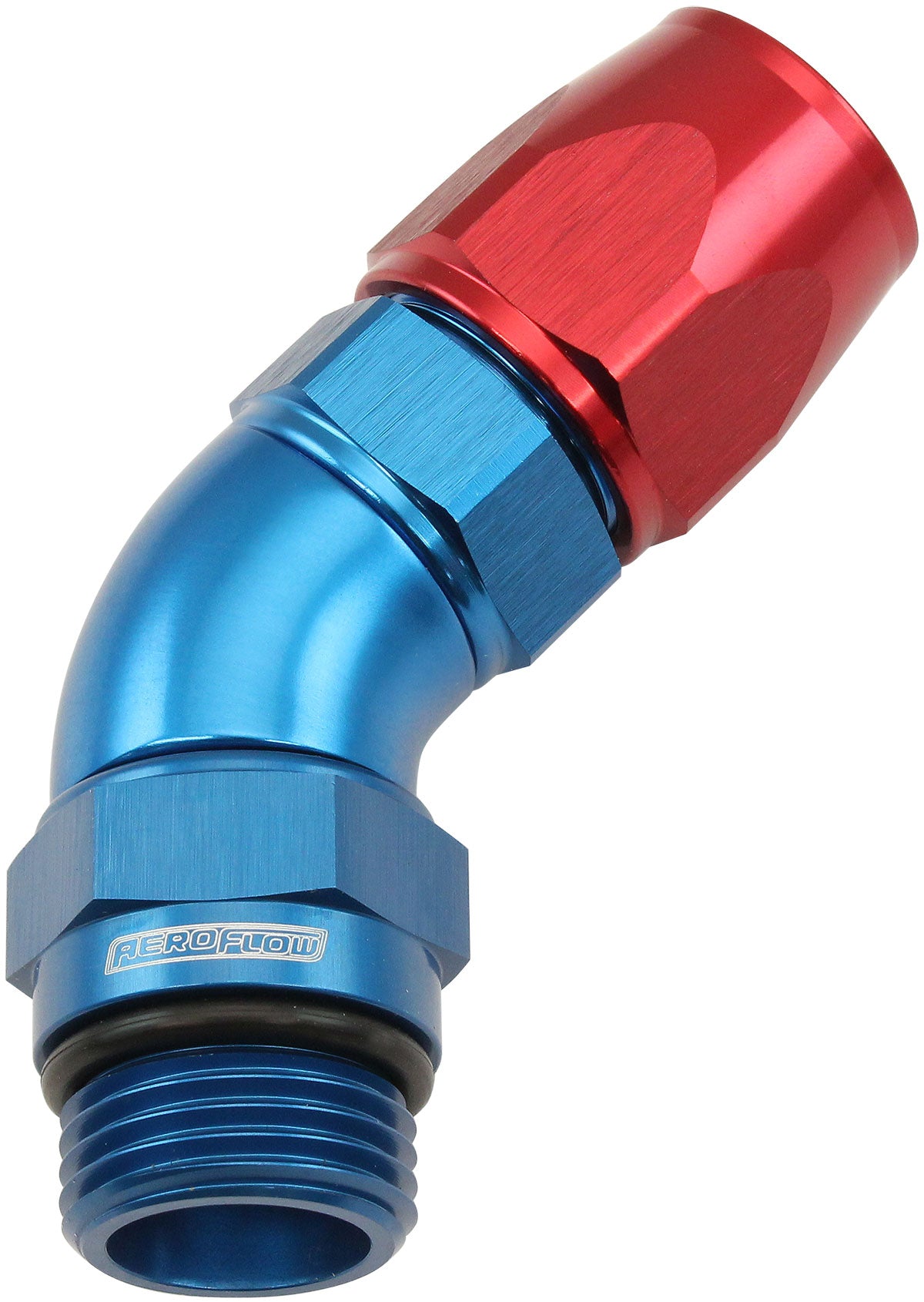 Aeroflow ORB Taper Swivel 45° Hose End -6 ORB to -6AN Blue/Red Finish. Suit 200 & 250 Series Hose