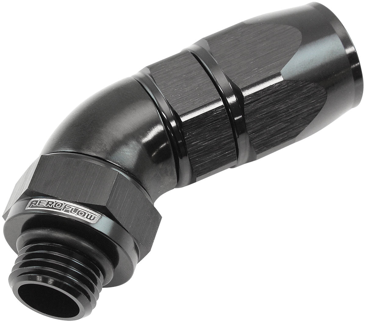 Aeroflow ORB Taper Swivel 45° Hose End -6 ORB to -6AN Black Finish. Suit 200 & 250 Series Hose