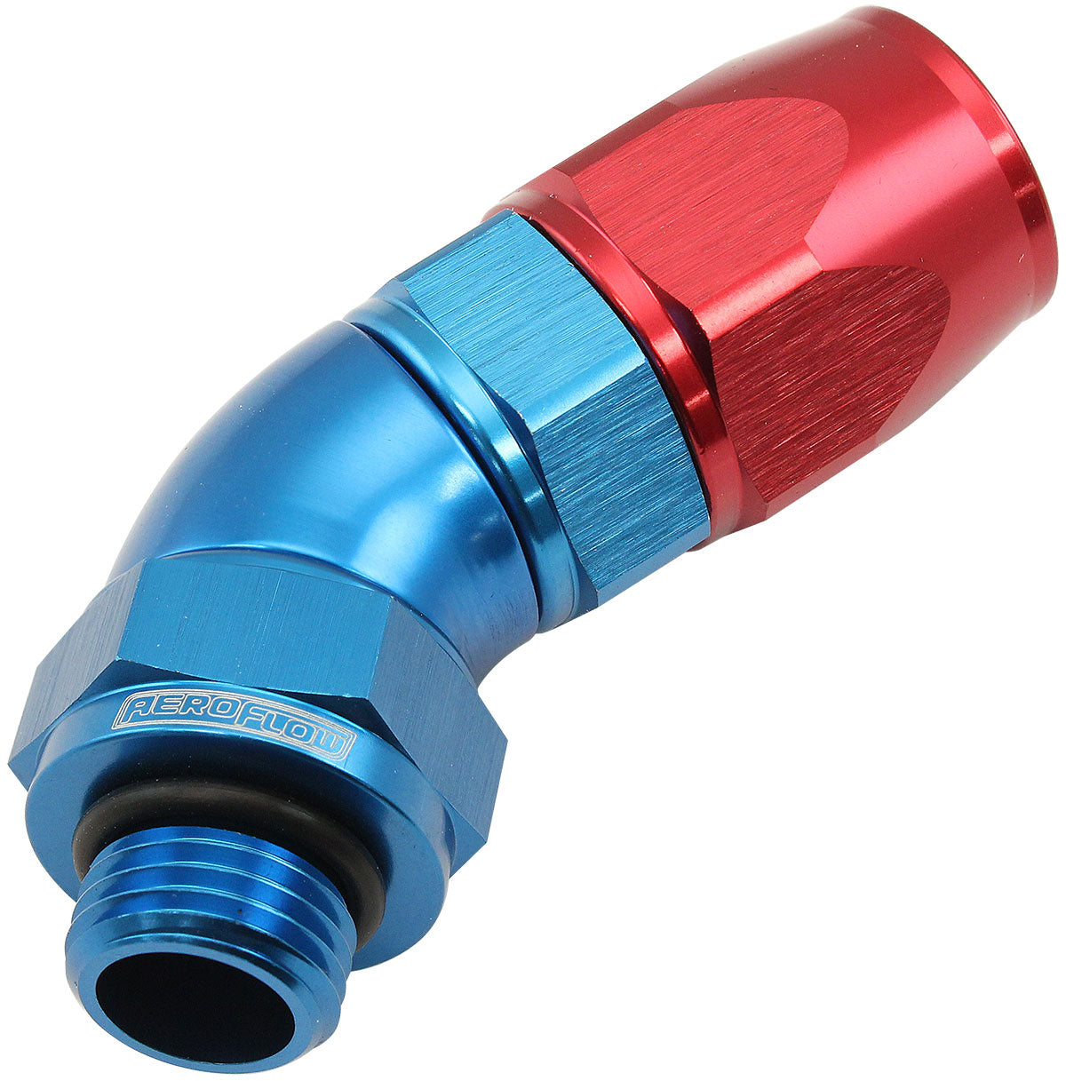 Aeroflow ORB Taper Swivel 45° Hose End -6 ORB to -6AN Blue/Red Finish. Suit 200 & 250 Series Hose