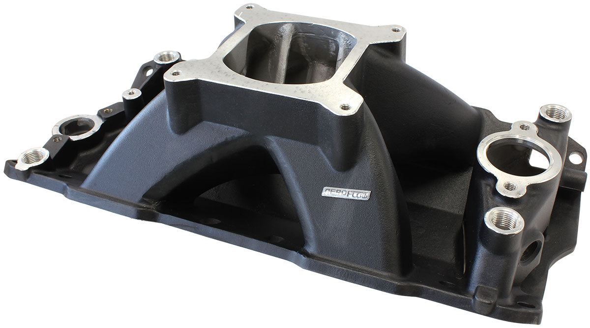 SB Chev Hi-Rise SinglePlane Intake Manifold, Black Finish 3000 - 7500 RPM, Square Bore Carburettor Pad, Non-EGR