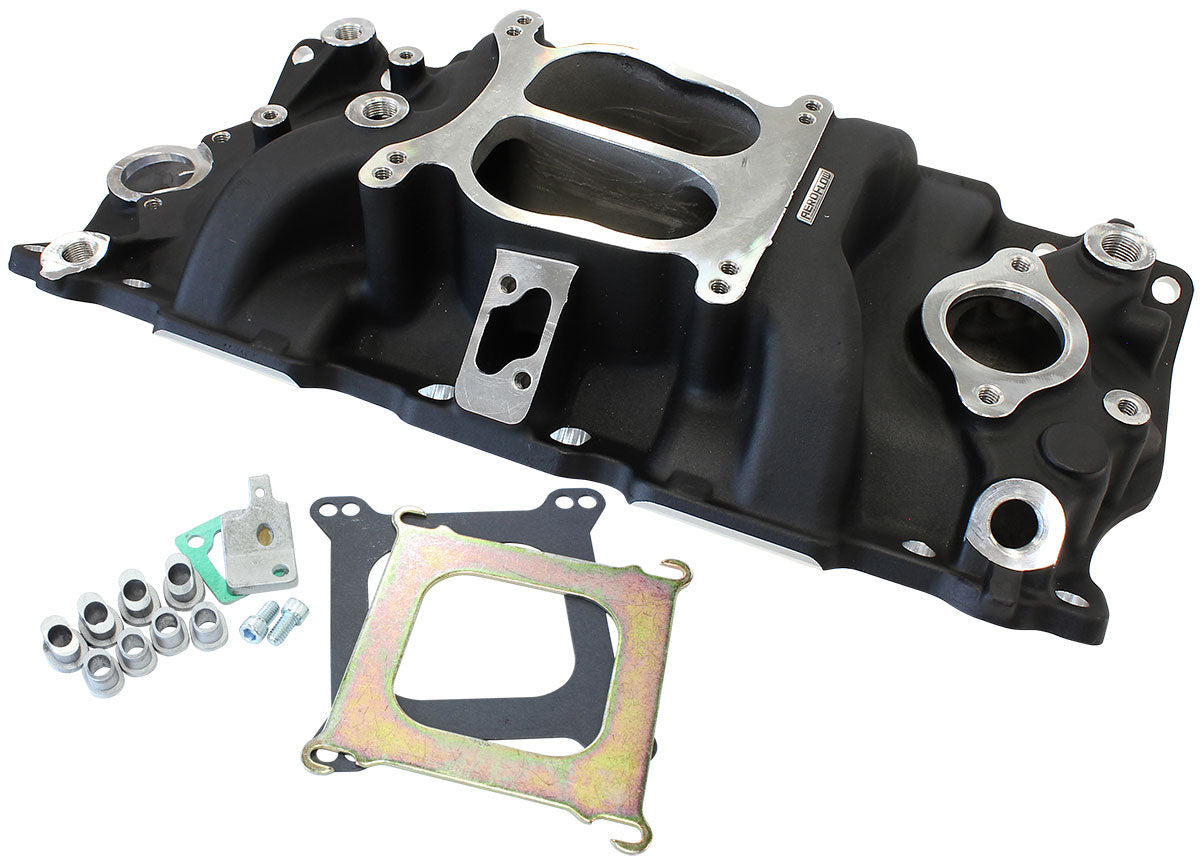Aeroflow SB Chev Classic Dual Plane Intake Manifold, Black Finish Idle - 5500 RPM, Spread Bore Carburettor Pad, EGR Model