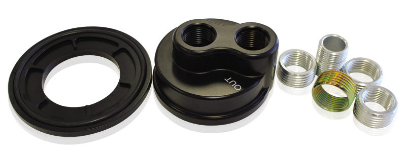 Billet Oil Filter Block Adapter Universal fitment, -8 ORB ports, Black anodised finish