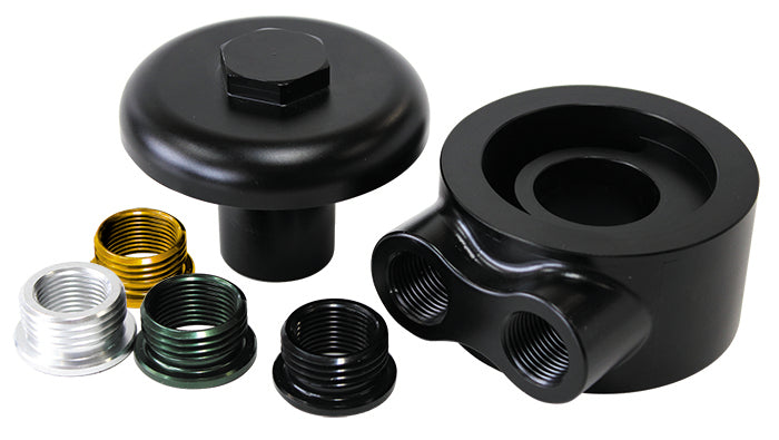 Billet Oil Filter Block Adapter 90° Low Profile, Universal fitment, -8 ORB ports, Black anodised finish