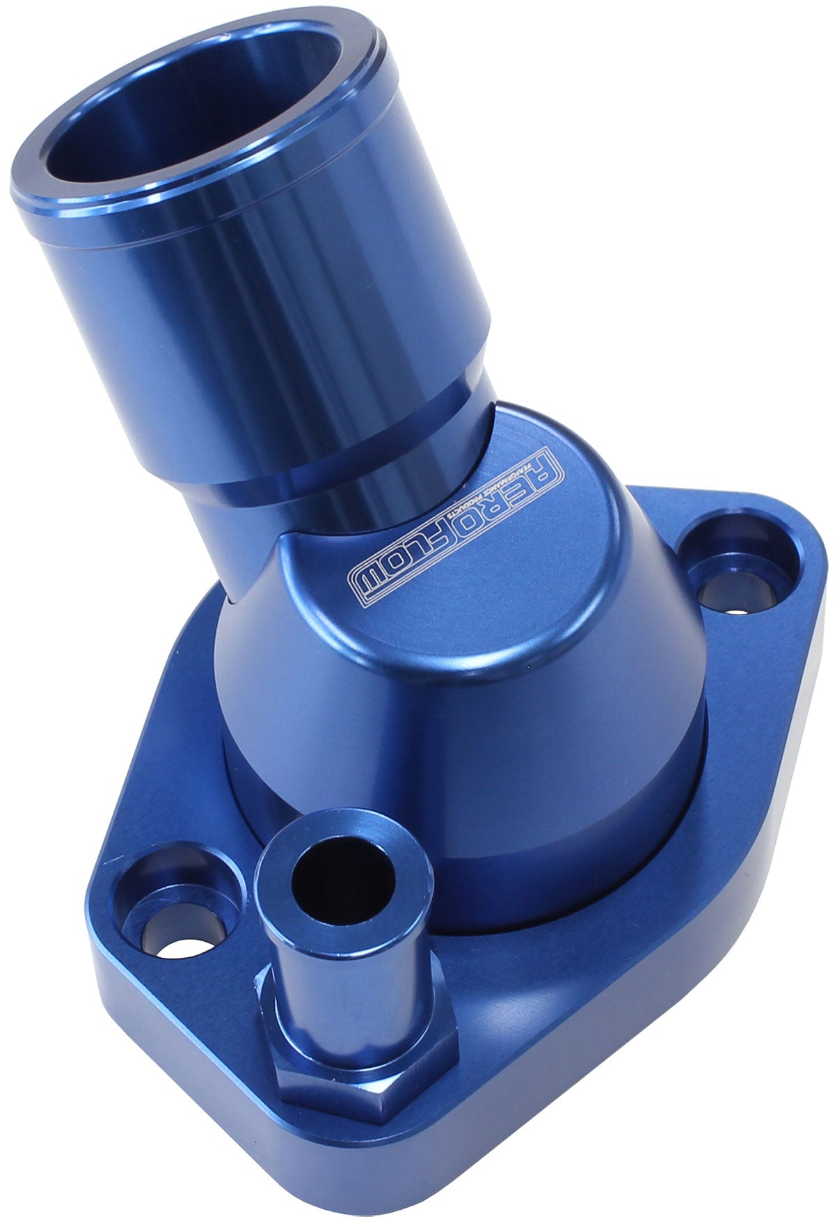 Aeroflow Billet 45° Swivel Thermostat Housing, Blue Finish Suit Ford 289-351W, with -6ORB to 5/8" Barb included