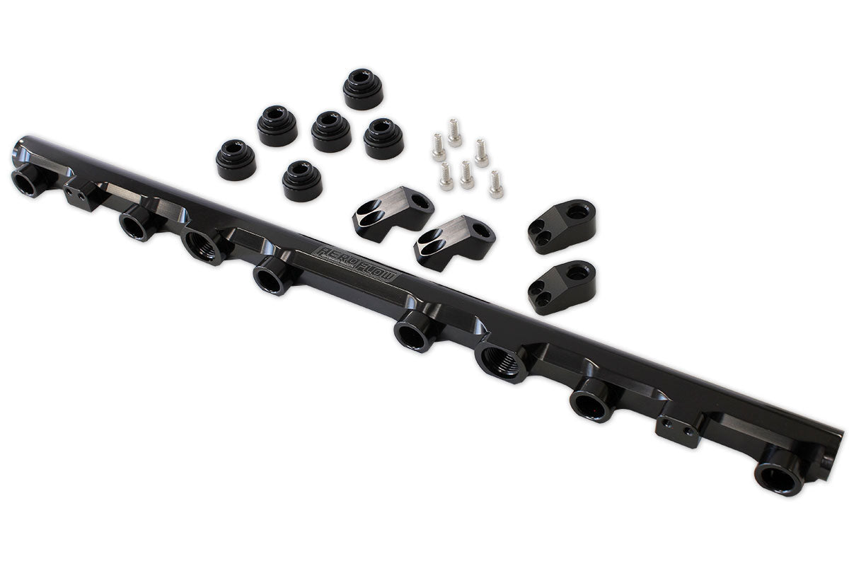 Aeroflow Toyota 2JZ-GTE Billet EFI Fuel Rail - Black Suit 14mm Short & 3/4" Length Fuel Injectors, -8ORB Ports